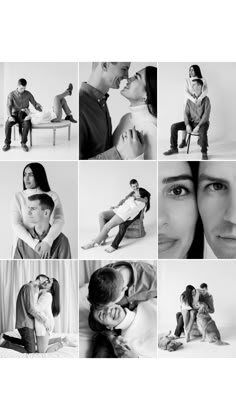 black and white photo collage of people in different poses with one woman kissing the other man