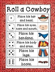 a printable roll a cowboy game with words and pictures on the front, in red background