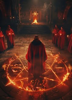 Sinister Ritual with Red Robe Figures and Fiery Pentagram Occult Practices, Dark Ritual, Candles Dark, Inspirational Digital Art, Dark Spirit, Photography Movies, New Architecture