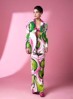 Pant suit with a bustier, embellished with stunning Murano glass art embroidery, a masterpiece of elegance and sophistication. Luxury Silk Summer Sets, Fitted Two-piece Party Suits, Chic Fitted Sets For Gala, Pink Silk Evening Pants, Glamorous Green Evening Pants, Elegant Two-piece Summer Pantsuit, Glamorous Silk Sets For Formal Occasions, Elegant Two-piece Pantsuit For Summer, Elegant Party Two-piece Pant Set