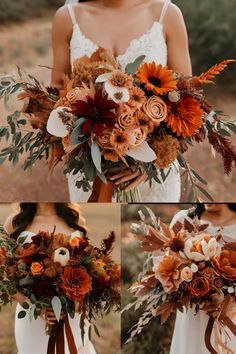 the bride is holding her wedding bouquet with orange flowers and greenery on it's back