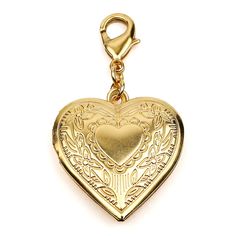 Heart shaped locket charm by Ben-Amun. 24-karat gold electroplating. Engraved floral and heart detail. Approx. 1.75"L x 1.125"W. Lobster claps. Made in USA. Heart-shaped Gold Jewelry With Vintage Charm, Gold Heart-shaped Metal Charms, Gold Heart Metal Charms, Gold Heart Charm For Anniversary, Gold Charms Locket Necklace Keepsake, Gold Heart-shaped Engraved Charms, Gold Engraved Heart Charms, Gold Heart Pendant Vintage Charm, Gold Vintage Heart Pendant Charm