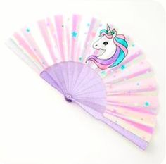 a pink and purple hand fan with a unicorn on it