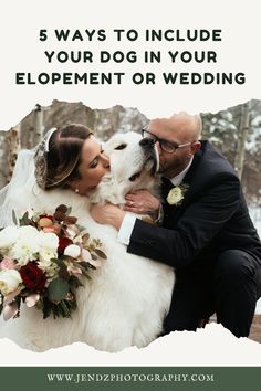 a bride and groom kissing their dog with the words 5 ways to include your dog in your development or wedding