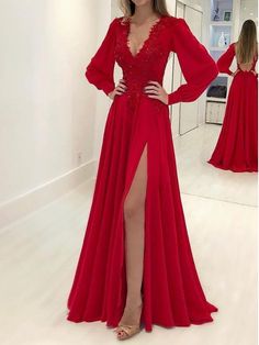 A-Line/Princess Long Sleeves V-neck Sweep/Brush Train Applique Chiffon Dresses Prom Dresses Under 100, Princess Sleeves, Long Sleeve Prom, Chiffon Dresses, Beautiful Prom Dresses, Red Prom, A Line Prom Dresses, فستان سهرة, Prom Dresses With Sleeves