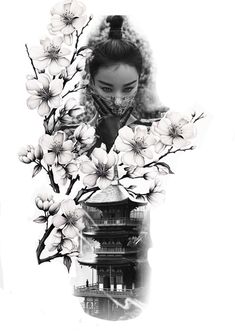 a woman with flowers in her hair is looking at the camera while wearing a black and white photo