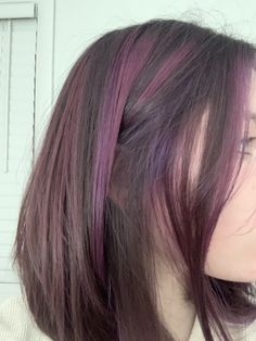 Balayage With Color Streaks, Plum Color Highlights, Bright Hair Aesthetic, Purple Highlights Light Brown Hair Peekaboo, Purple Hair Ideas Highlights, Light Dyed Hair Colors, Hairspo Short, Red Purple Highlights On Dark Hair, Brunette Hair Purple Highlights