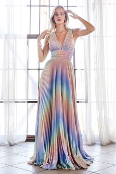 A-line rainbow dress with metallic pleated finish and criss cross open back. Metallic Prom Dresses, Glitter Gown, Figure Flattering Dresses, Gold Bridesmaid Dresses, Cinderella Divine, Colorful Dresses Formal, Formal Dresses With Sleeves, Ombre Dress, Plus Size Cocktail Dresses