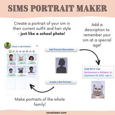 an info sheet with the words, sims portrait maker and other things to do