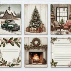 four christmas cards with an old truck and fireplace