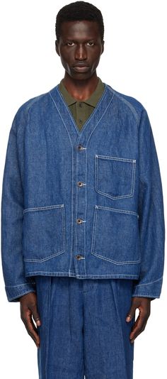 Indigo-yarn-dyed 11 oz non-stretch linen denim jacket. Fading throughout. · Y-neck · Button closure · Patch pockets · Raglan sleeves · Single-button barrel cuffs · Contrast stitching in white Supplier color: Indigo