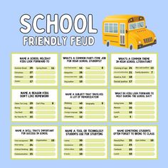 a yellow school bus is shown with the words,'school friendly feud '