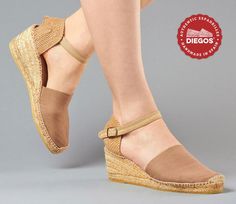 "DIEGOS® - High wedge jute Carmen espadrilles for women Looking for a fun Spanish way to refresh your style? This ultra-feminine low wedge Carmen espadrille has a convenient clip-on ankle strap that makes putting them on and taking them off that much easier. They are considered by many of our clients as the most comfortable of all our espadrilles. Height: 2.5\" (6 cm) Materials: The wedge soles are made of jute thread and recycled textile fibers from Barcelona. The canvas is 100% cotton. All pro Low Wedge Espadrilles, Red Espadrilles, Espadrilles Shoes, Northern Spain, Tan Wedges, Wedge Espadrilles, High Wedges, Women's Espadrilles, Low Wedges