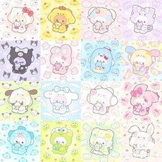 an assortment of cartoon stickers in different colors and sizes on a white, blue, yellow, pink, green, purple