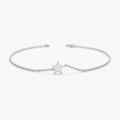 White Gold Star Bracelet Silver Celestial Bracelet With Star Charm, Celestial Silver Bracelet With Star Charm, Everyday Star Charm Bracelet, Elegant Sterling Silver Star Charm Jewelry, Gift Chain Bracelet With Star Charm, Minimalist Bracelet With Star Charm As Gift, 14k Gold Dainty Bracelet With Star Charm, Minimalist Bracelet With Star Charm For Gift, Celestial Charm Bracelet With Star Charm As Gift