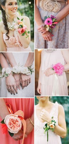 the bridesmaid's bouquets are all different colors and styles, but they also have flowers on them