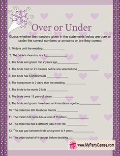 a purple and white printable wedding game with hearts on the sides, over or under