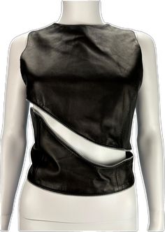 Sleeveless Leather Top For Night Out, Edgy Fitted Leather Tops, Black Leather Vest For Spring, Fitted Edgy Leather Tops, Edgy Fitted Leather Top, Edgy Leather Tops For Party, Edgy Leather Tops For Night Out, Black Leather Spring Vest, Black Leather Sleeveless Top