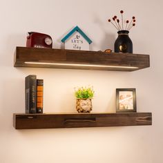 two wooden shelves with books and plants on them