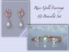 the rose gold earrings and bracelet set is shown in three different pictures, including one with pearls