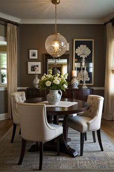 a dining room table with chairs and a chandelier