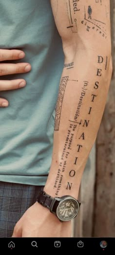 a man with a tattoo on his arm that says destintion in roman numerals