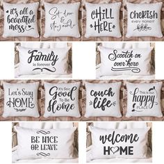 six pillow cases with sayings on them in different styles and sizes, all hand - sewn