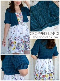 the crocheted cardigan is shown in three different pictures, including one with an open