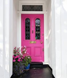 a pink front door with two potted flowers