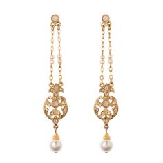 Channel elegance with our Grecia Earrings, adorned with delicate Czech glass pearl accents and shimmering crystals. These drop-down earrings are plated in 24K gold and feature a standard post back. All jewelry is handcrafted and made to order in our New York City design studio. Please allow 7-14 business days for production from the order date. Measurements: 0.6" W x 3" L Gold Pearl Chandelier Earrings For Evenings, Gold-plated Jeweled Bridal Earrings, Gold Bridal Earrings With Pearl Drop For Evening, Gold Pearl Drop Bridal Earrings For Evening, Elegant Gold Chandelier Earrings With Pearl Chain, Gold Bridal Earrings With Pearl Chain, Gold Chandelier Drop Earrings With Pearl Chain, Gold Jeweled Pearl Earrings, Gold Drop Earrings With Pearl Detail