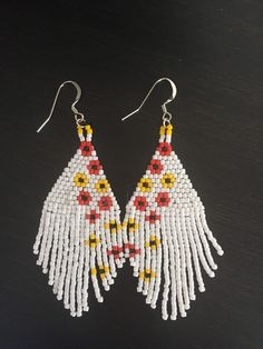 White, yellow, red and black beads. Measures 3 in long by 1 1/4 wide.  fishhook stainless steel ear wires. Beads Work, Ear Ring, Beaded Earrings Patterns, Oct 1, Earring Patterns, Black Beads, Red And Black, Ear Wires, Beaded Earrings