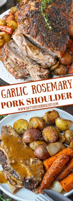 This Garlic Rosemary Roasted Pork Shoulder cooks slowly in the oven to make it absolutely succulent! delicious holiday dinner or Sunday supper. Leek Frittata, Pork Roasts, Roasted Pork Shoulder, Pork Shoulder Recipe, Roasted Pork Tenderloin Recipes, Chicken Rotisserie, Pork Chop Dinner, Shoulder Roast