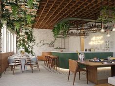 an indoor dining area with tables, chairs and plants hanging from the ceiling above it