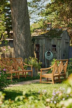 three wooden chairs sitting in the grass near a tree and shed with a wind indicator on it