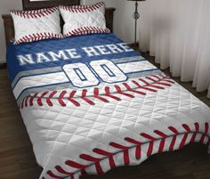 a baseball themed bed set with name and number on the front, along with matching pillow cases