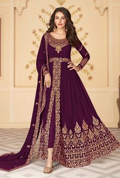 Designer Georgette Anarkali Suit Stitching Option - We will email you the measurement guide to confirm your size. FABRIC: Georgette and Dull Santoon with inner DUPPATA FABRIC: Georgette COLOR: Purple WORK: Embroidery SIZE: Can be stitched up-to 48" inches The product will be shipped within 1 - 2 weeks from the date of purchase. Product is returnable if un-Stitched This product qualifies for free shipping For any Rush/Urgent orders please email us at customercare@desiroyale.com We will try our be Simple Indian Dress, Red Anarkali Suits, Purple Anarkali, Indian Suits For Women, Red Anarkali, Georgette Anarkali Suits, Dress To Buy, Function Dresses, Georgette Anarkali