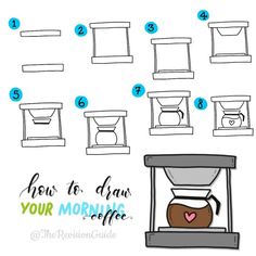 the instructions for how to draw a coffee pot in front of a window with blue and white