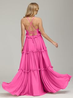 V-neck Empire Waist Chiffon Bridesmaid Dress V-neck Ruffled Maxi Dress For Prom, Chiffon Maxi Dress With Ruffles For Prom Season, Chiffon Ruffle Maxi Dress For Prom, V-neck Ruffle Bridesmaid Dress For Party, Summer Prom Chiffon Dress With Ruched Bodice, Chiffon V-neck Evening Dress For Prom, Flowy Chiffon Bridesmaid Evening Dress, Bridesmaid Tie Back Maxi Dress For Prom Season, Chiffon V-neck Bridesmaid Evening Dress