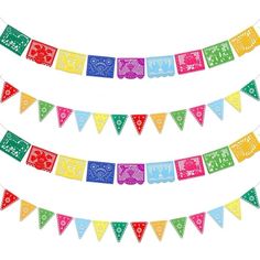 colorful bunting flags with happy new year written in different colors and designs on them