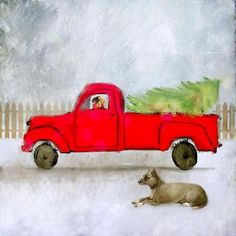 a dog laying in the snow next to a red truck with a christmas tree on it