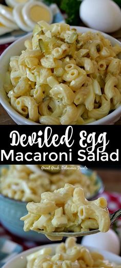 this is an image of deviled egg macaroni salad