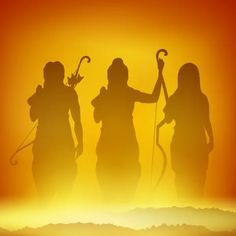 three silhouettes of people with walking sticks and backpacks in front of an orange sky