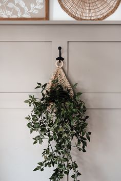 a potted plant hanging from a hook on a wall next to a basket with leaves