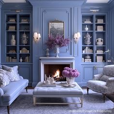 a living room filled with furniture and a fire place next to a book shelf full of books