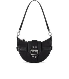 Crescent-shaped Ganni crossbody bag in black, made from recycled nylon. It features a magnetic closure and silver eyelet buckle detail. This small accessory includes an open internal pocket and a removable shoulder strap, merging style with sustainability.

- Material: Recycled nylon
- Closure: Magnetic
- Detail: Silver eyelet buckle
- Internal pocket: Open
- Strap: Removable shoulder strap Black Nylon Shoulder Bag With Silver-tone Hardware, Everyday Nylon Shoulder Bag With Silver-tone Hardware, Denim Crossbody, Black Crossbody Bag, Crescent Shape, Black Shoulder Bag, Black Crossbody, Crossbody Tote, Small Crossbody Bag