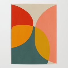 an abstract painting with orange, yellow and green shapes on white paper in front of a gray wall