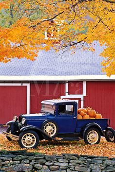 an old truck with pumpkins on the back parked in front of a red barn