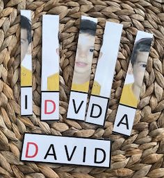 four pieces of paper that say idvda david and two pictures of the same person