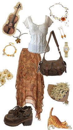 cute Orange outfit, cute outfit Artsy Earthy Outfit, Beachy Hippie Outfits, Whimsical Summer Outfit, Cute Dressy Outfits, Sun Inspired Outfit, Whimsical Outfit Ideas, Whimsy Outfit, Cottagecore Outfits, Hippie Style Clothing