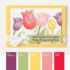 a card with some flowers on it and the words happy easter written in different colors